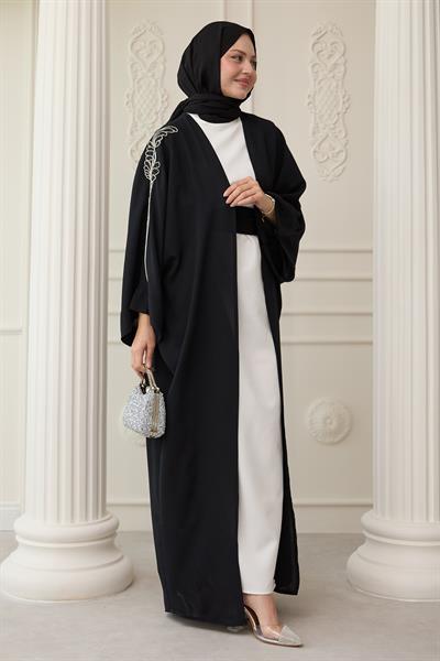 Dökümlü Taşlı Elbiseli Siyah Abaya