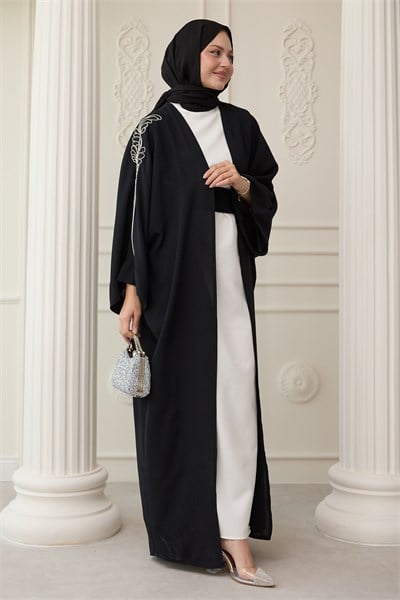 Dökümlü Taşlı Elbiseli Siyah Abaya