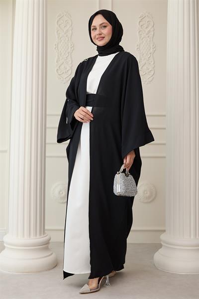 Dökümlü Taşlı Elbiseli Siyah Abaya