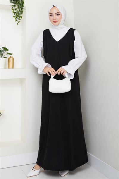 Double Krep Jile Siyah Elbise