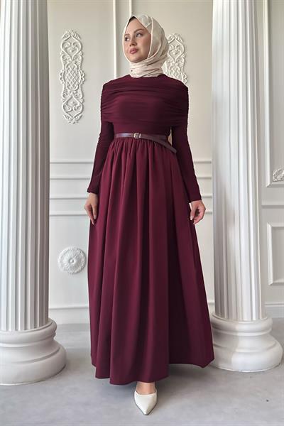 Drapeli Sandy Cotton Bordo Elbise