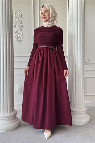 Drapeli Sandy Cotton Bordo Elbise