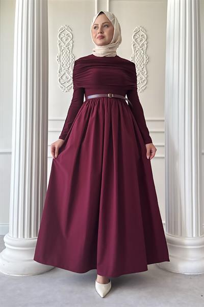 Drapeli Sandy Cotton Bordo Elbise