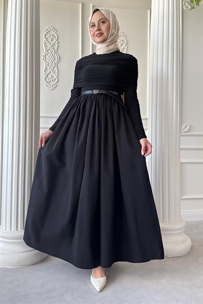 Drapeli Sandy Cotton Siyah Elbise