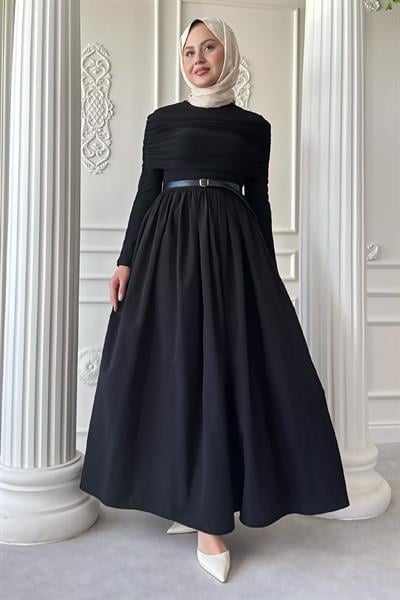 Drapeli Sandy Cotton Siyah Elbise