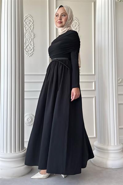 Drapeli Sandy Cotton Siyah Elbise