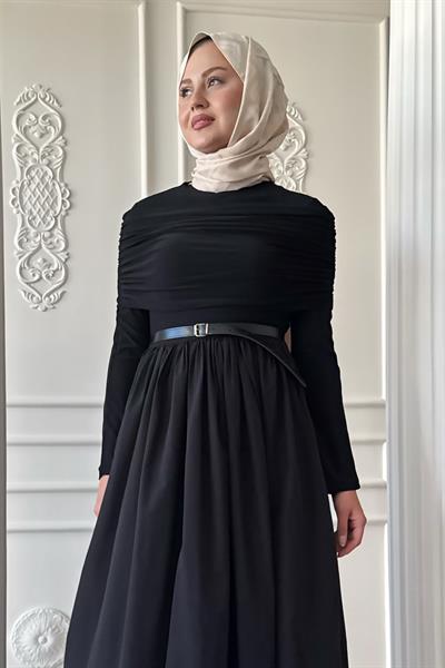 Drapeli Sandy Cotton Siyah Elbise