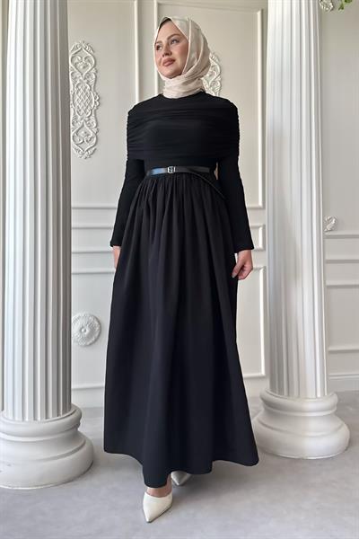Drapeli Sandy Cotton Siyah Elbise