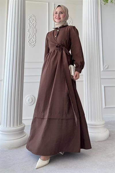 Düğme Detay Çapraz Bağlamalı Modal Acı Kahve Elbise