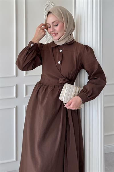 Düğme Detay Çapraz Bağlamalı Modal Acı Kahve Elbise