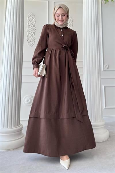 Düğme Detay Çapraz Bağlamalı Modal Acı Kahve Elbise