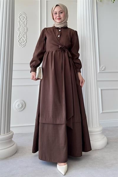 Düğme Detay Çapraz Bağlamalı Modal Acı Kahve Elbise