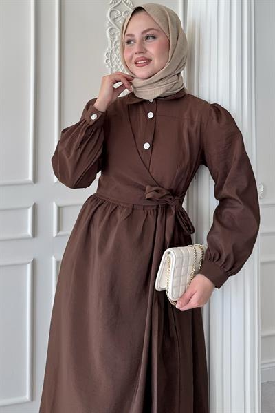 Düğme Detay Çapraz Bağlamalı Modal Acı Kahve Elbise