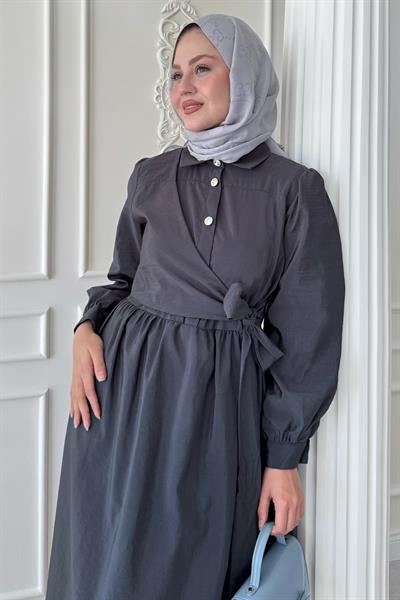 Düğme Detay Çapraz Bağlamalı Modal Antrasit Elbise