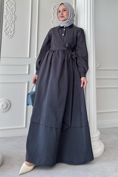 Düğme Detay Çapraz Bağlamalı Modal Antrasit Elbise