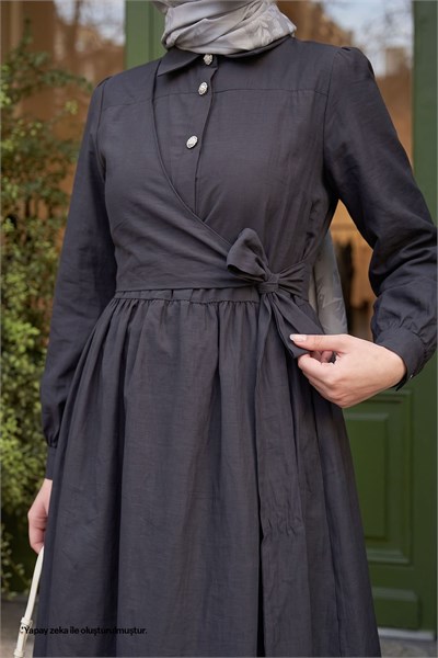 Düğme Detay Çapraz Bağlamalı Modal Antrasit Elbise