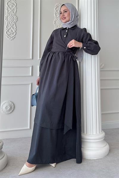 Düğme Detay Çapraz Bağlamalı Modal Antrasit Elbise