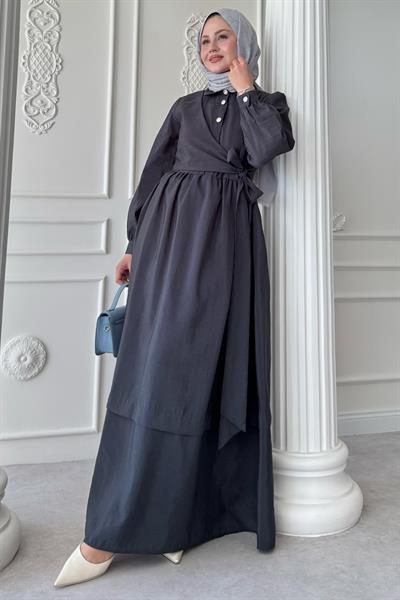Düğme Detay Çapraz Bağlamalı Modal Antrasit Elbise