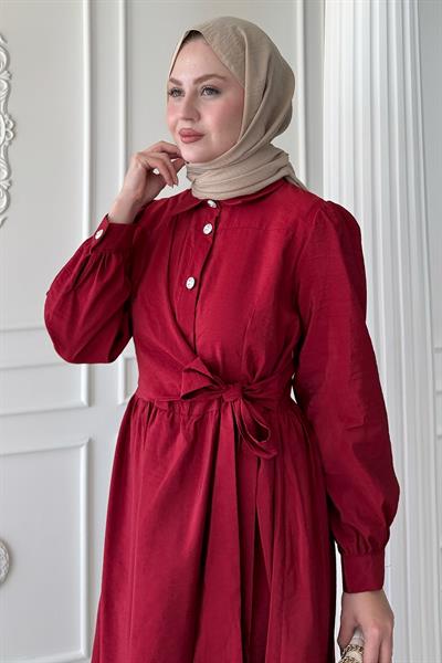 Düğme Detay Çapraz Bağlamalı Modal Bordo Elbise