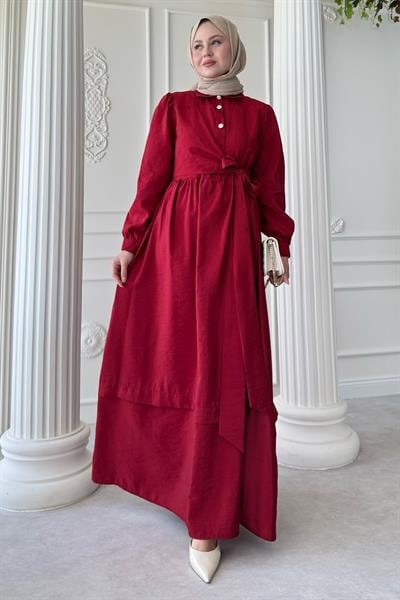 Düğme Detay Çapraz Bağlamalı Modal Bordo Elbise