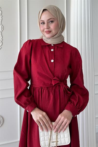 Düğme Detay Çapraz Bağlamalı Modal Bordo Elbise