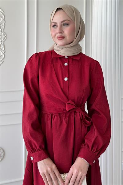 Düğme Detay Çapraz Bağlamalı Modal Bordo Elbise