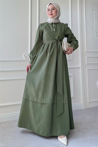Düğme Detay Çapraz Bağlamalı Modal Haki Elbise