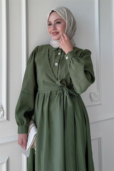 Düğme Detay Çapraz Bağlamalı Modal Haki Elbise