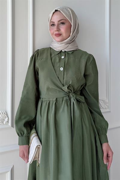Düğme Detay Çapraz Bağlamalı Modal Haki Elbise