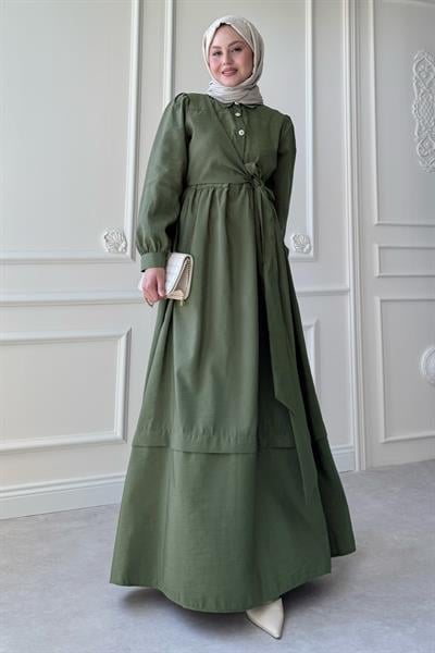 Düğme Detay Çapraz Bağlamalı Modal Haki Elbise