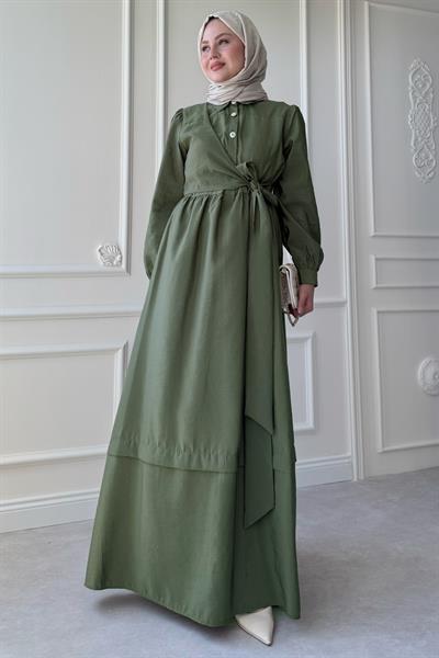 Düğme Detay Çapraz Bağlamalı Modal Haki Elbise