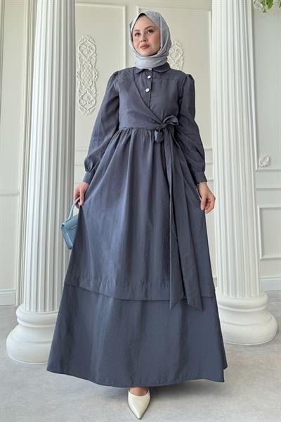 Düğme Detay Çapraz Bağlamalı Modal Koyu Gri Elbise