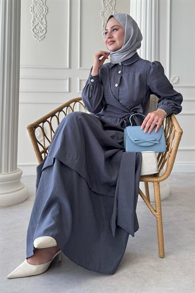 Düğme Detay Çapraz Bağlamalı Modal Koyu Gri Elbise