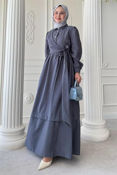 Düğme Detay Çapraz Bağlamalı Modal Koyu Gri Elbise
