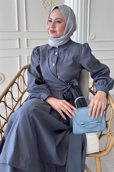 Düğme Detay Çapraz Bağlamalı Modal Koyu Gri Elbise