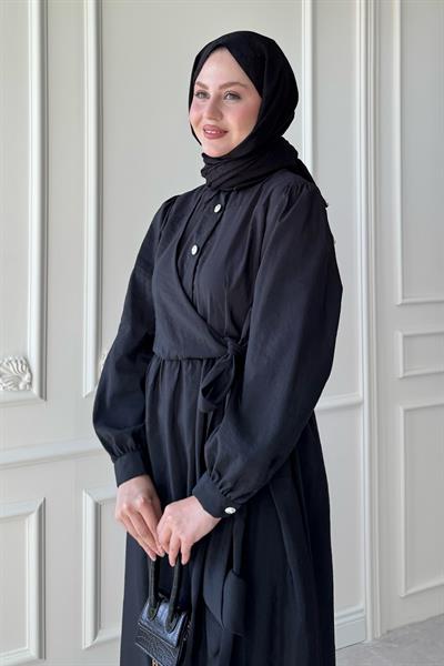 Düğme Detay Çapraz Bağlamalı Modal Siyah Elbise