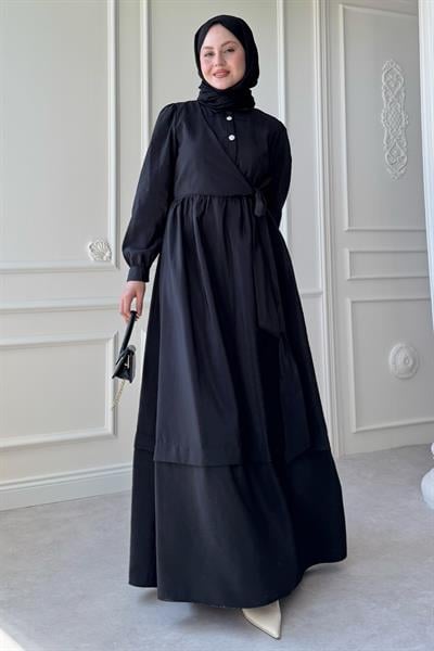 Düğme Detay Çapraz Bağlamalı Modal Siyah Elbise