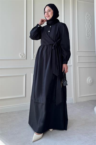 Düğme Detay Çapraz Bağlamalı Modal Siyah Elbise