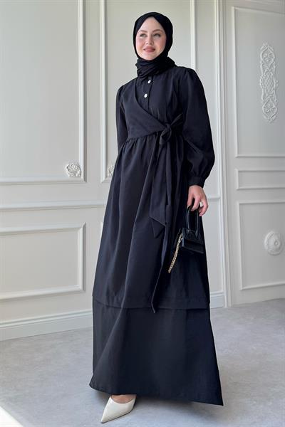Düğme Detay Çapraz Bağlamalı Modal Siyah Elbise