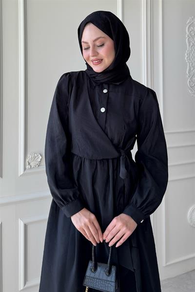 Düğme Detay Çapraz Bağlamalı Modal Siyah Elbise