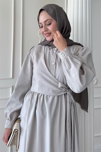Düğme Detay Çapraz Bağlamalı Modal Taş Elbise