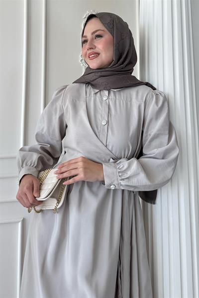 Düğme Detay Çapraz Bağlamalı Modal Taş Elbise