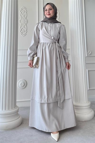 Düğme Detay Çapraz Bağlamalı Modal Taş Elbise