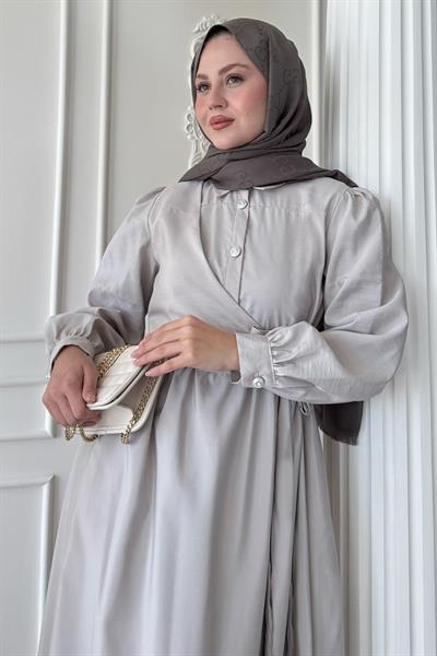 Düğme Detay Çapraz Bağlamalı Modal Taş Elbise