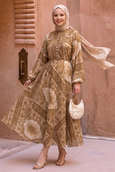 Düğme Detay Otantik Camel Elbise