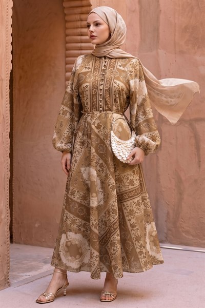 Düğme Detay Otantik Camel Elbise