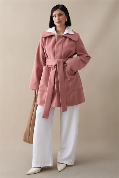 Düğme Detaylı Astarlı Gül Kurusu Kısa Kaban