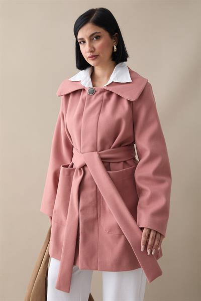 Düğme Detaylı Astarlı Gül Kurusu Kısa Kaban