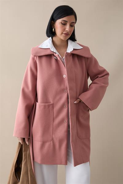 Düğme Detaylı Astarlı Gül Kurusu Kısa Kaban