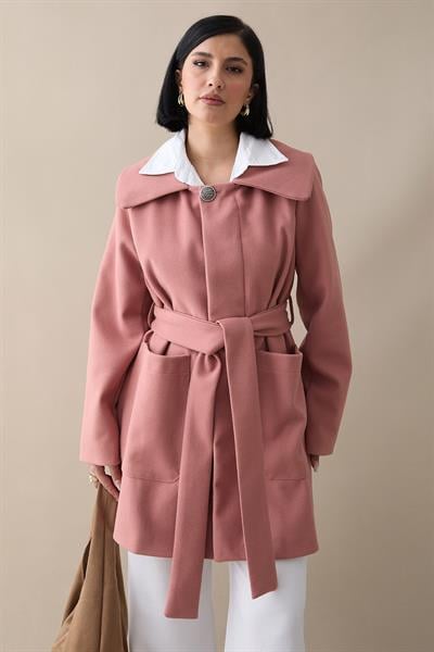 Düğme Detaylı Astarlı Gül Kurusu Kısa Kaban